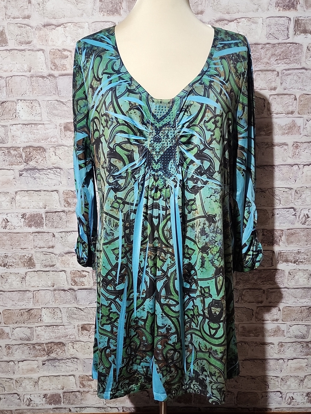 Unity World Wear Teal, Blue & Green Abstract V-Neck Long Sleeve Tunic- MATERNITY